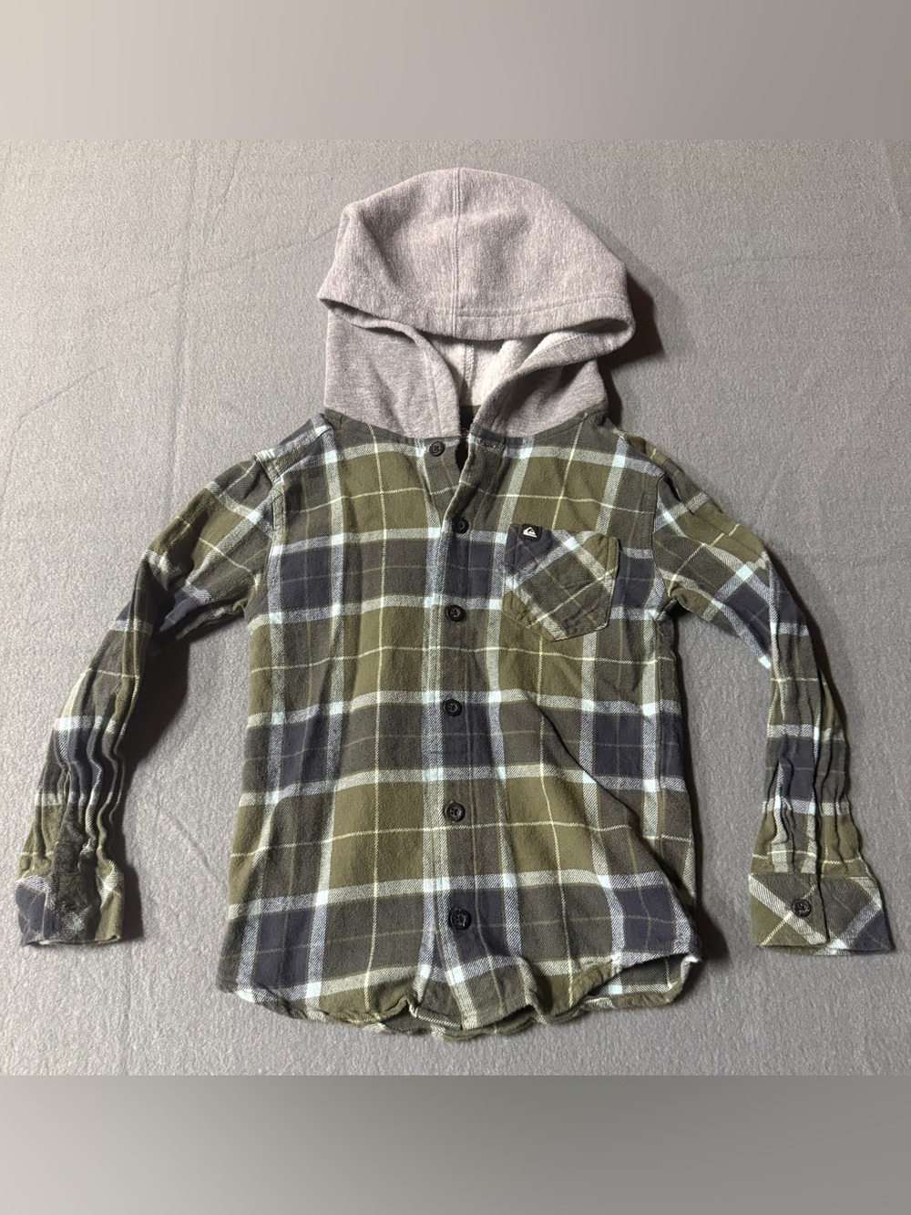 Quiksilver Olive and Gray Plaid Hooded Button-Down Shirt